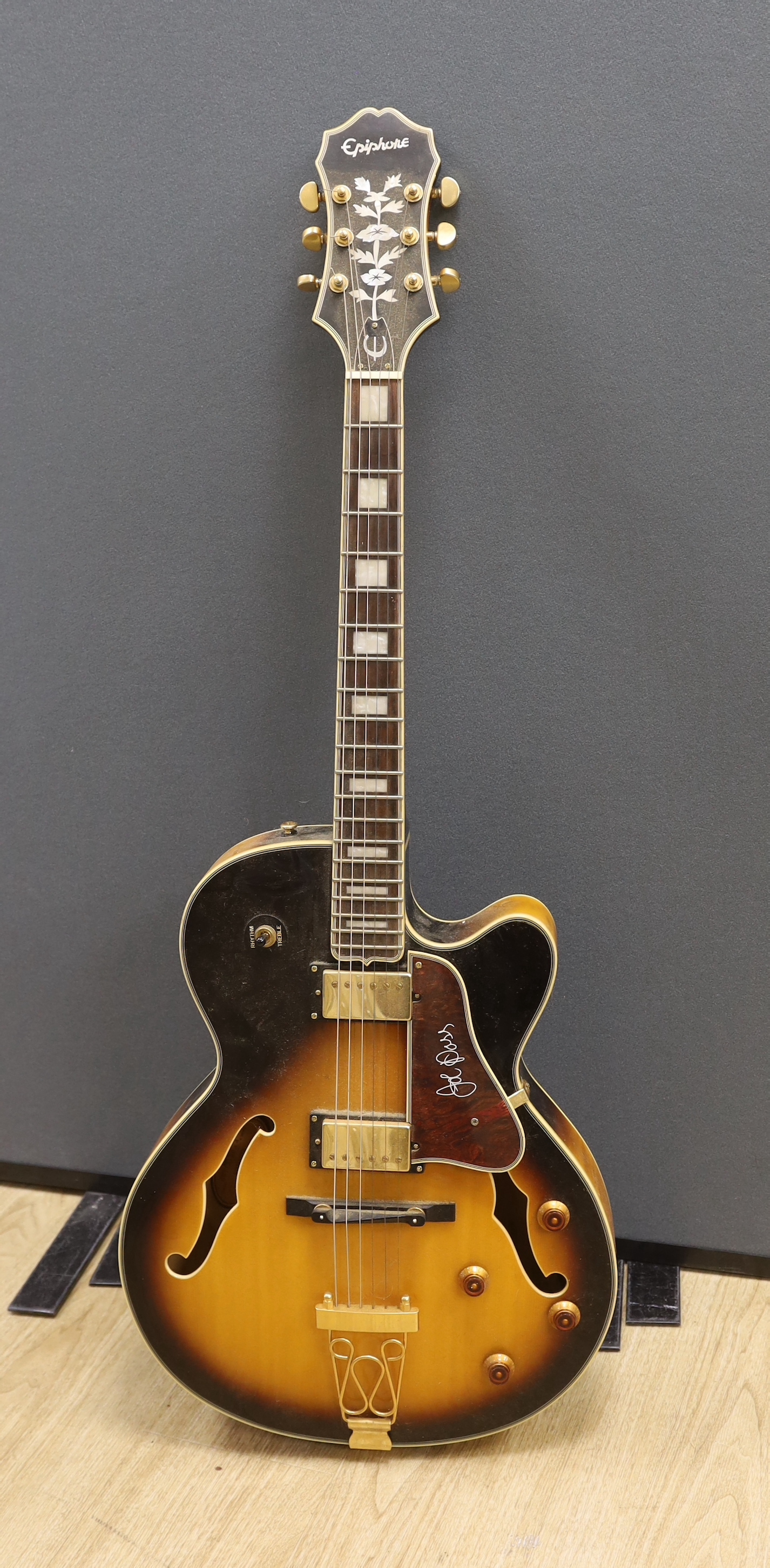 An Epiphone Joe Pass signature Emperor II guitar in hard case